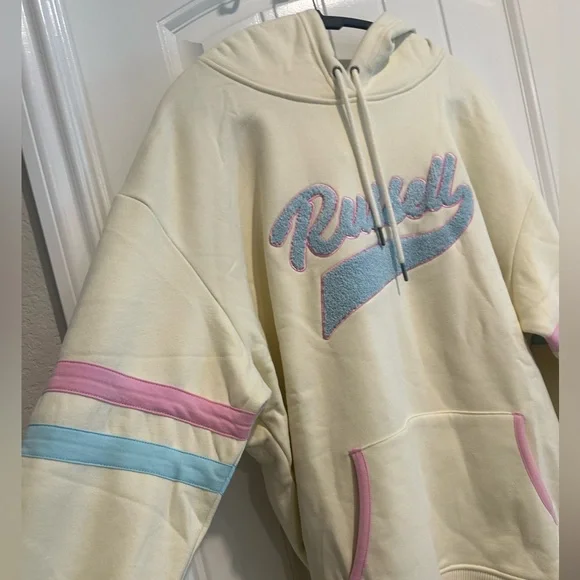 RUSSELL SCRIPT HOODIE Boyfriend Fit VINTAGE WHITE NWT - Picture 3 of 8